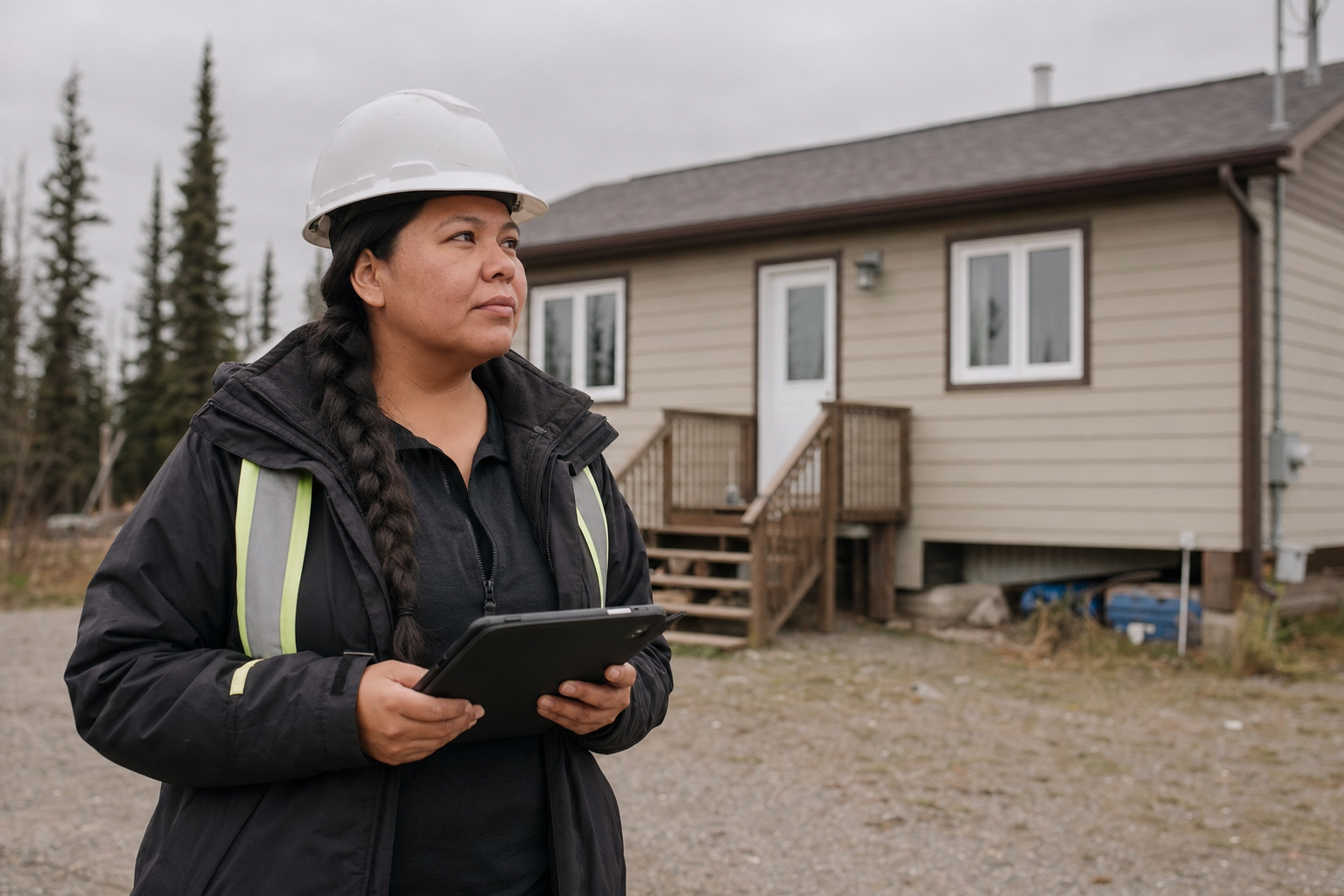 Housing staff inspecting a home and recording condition on a tablet