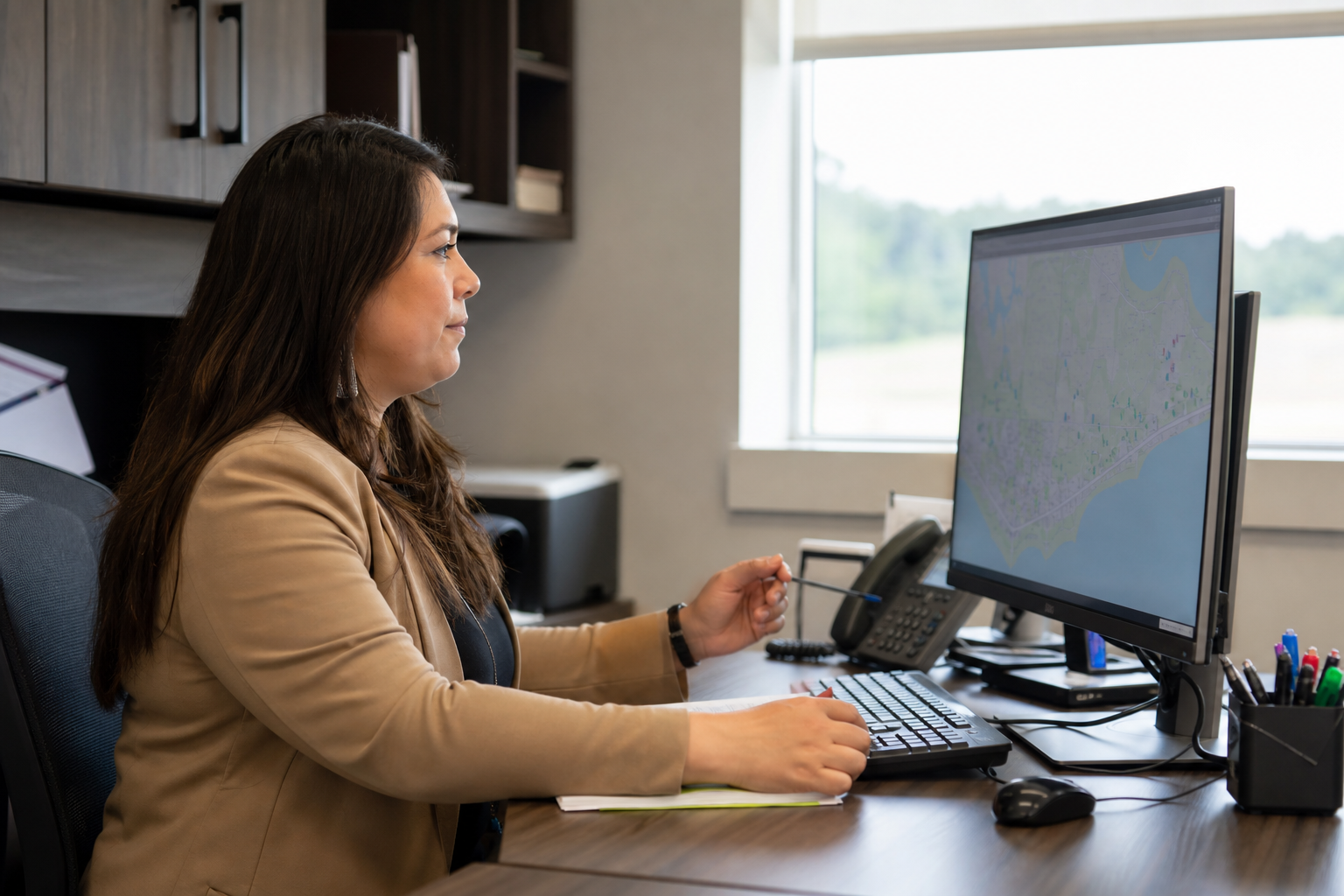 Housing department staff reviewing unit records and a community map