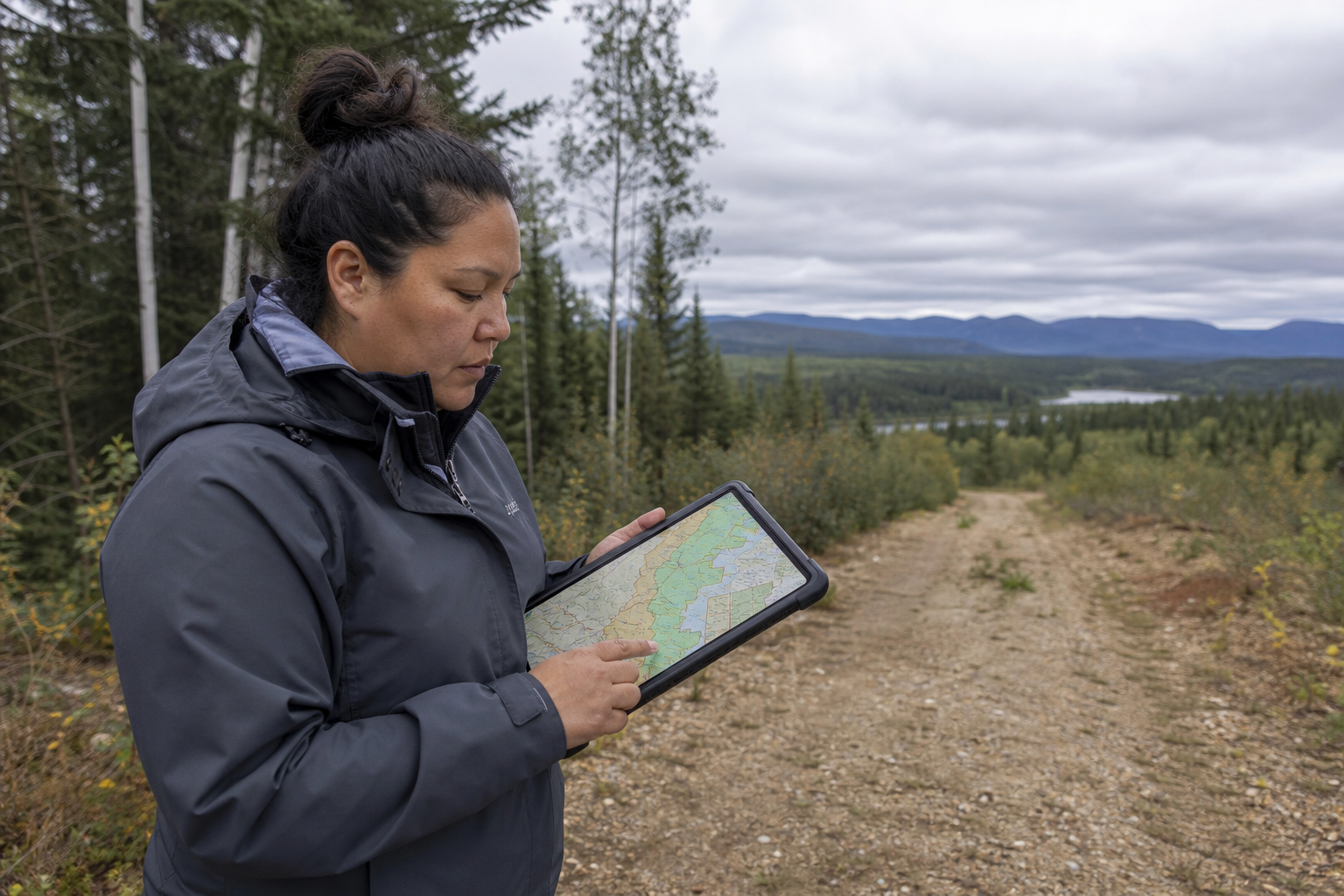 Lands staff reviewing mapped traditional use areas in the field
