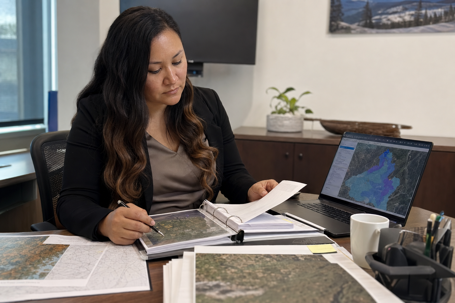 Lands department staff reviewing consultation files and map layers