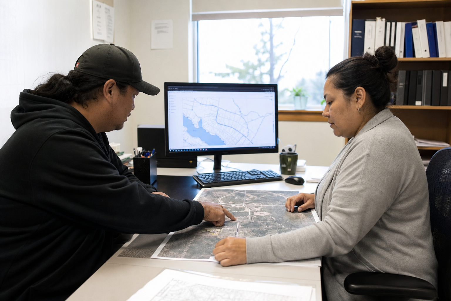Public works staff reviewing infrastructure maps and asset records in the office